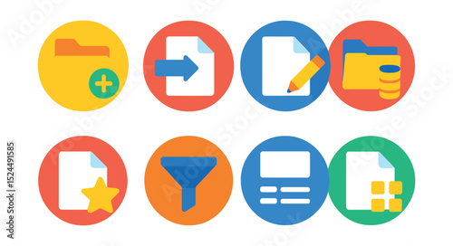 Flat vector icons of file management in mobile apps in circular style: create folder, move file, rename file, compress file, favorite file, filter list, view options, multi-select.