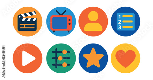 Flat vector icons of entertainment apps in circular style: movie clapper, TV show icon, actor profile, episode list, trailer button, genre filter, star rating, favorite icon.