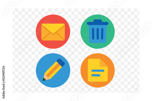 Flat vector icons of communication essentials in circular style: email envelope, trash bin, pencil edit, document file, folder icon.