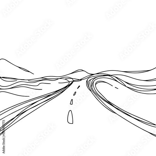 Abstract linear illustration of a winding road leading through serene mountains on a minimalist background, concept of travel agency or landscape design