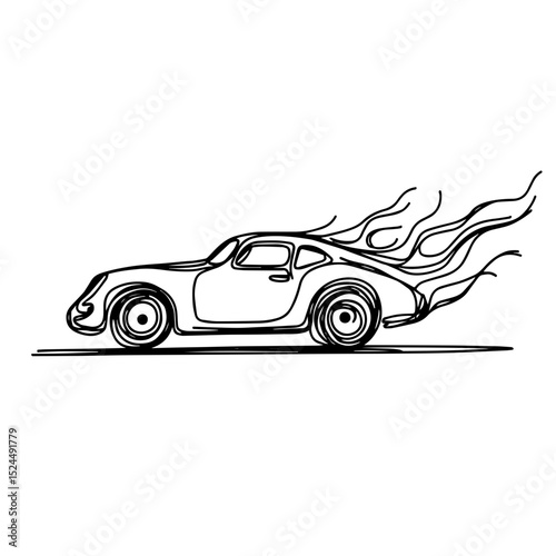 Classic sports car racing with speed lines in a minimalist style, black and white illustration representing automotive passion and design concept of car dealerships or racing events