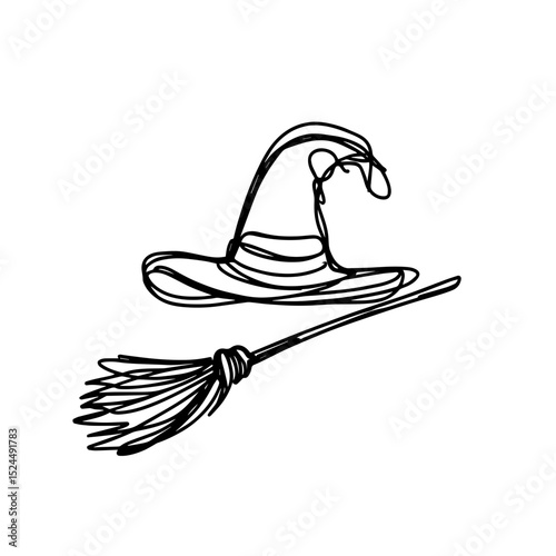 Witch's hat and broomstick illustration, minimalist line art style on a white background, representing magic and Halloween concepts for costume shops or party supplies