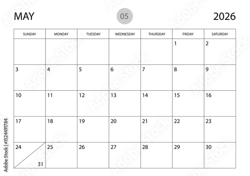 May 2026 year planner template, calendar 2026 template, monthly and yearly planners. organizer diary. week start Sunday, corporate planner template, Desk calendar 2026 year, Vector illustration