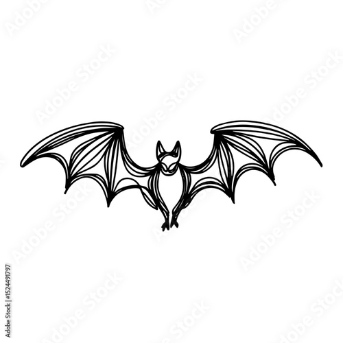 Black outline of a bat with spread wings in a minimalist style against a white background representing nocturnal wildlife, concept of Halloween decorations or animal conservation