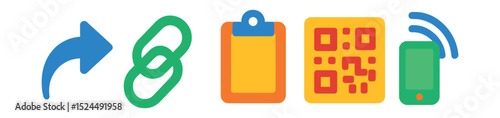 Flat vector icons of app sharing tools: share arrow, invite link, copy to clipboard, QR share, nearby device.