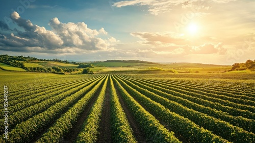 Agricultural panorama view of the vineyard field under sunshine and clouds