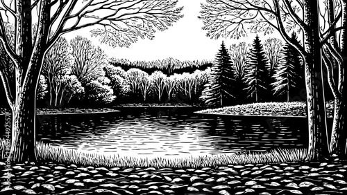Black and white sketch vector of an autumn Canadian forest with fallen leaves and reflective lake