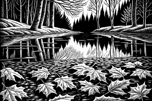 Black and white sketch vector of an autumn Canadian forest with fallen leaves and reflective lake
