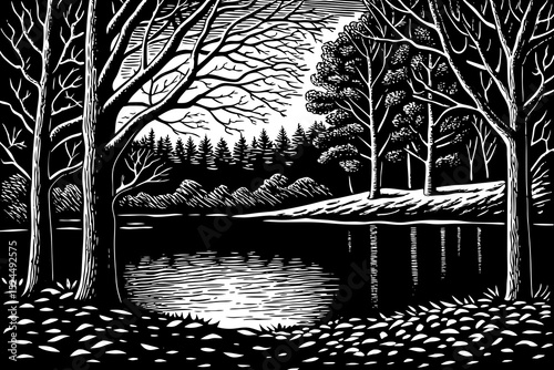 Black and white sketch vector of an autumn Canadian forest with fallen leaves and reflective lake