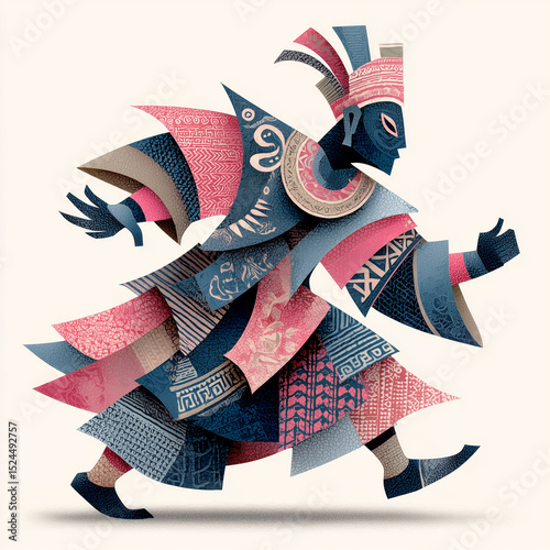 Stylized ethnic abstract figure dancing in colorful patterned attire  