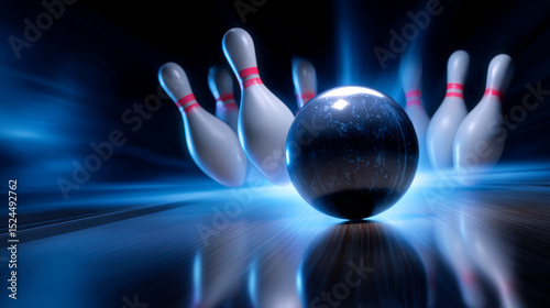 Close-up of a bowling ball hitting pins scoring a strike, bottom view and action shot. Ten pin bowling game