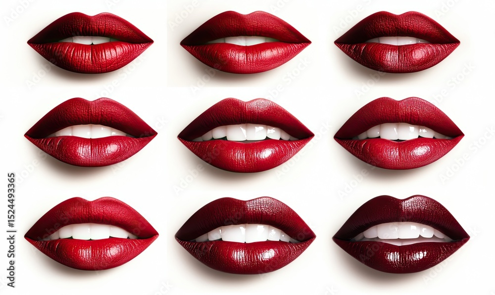 Obraz premium Nine close-up shots of luscious red lips, showcasing variations in shade and shine