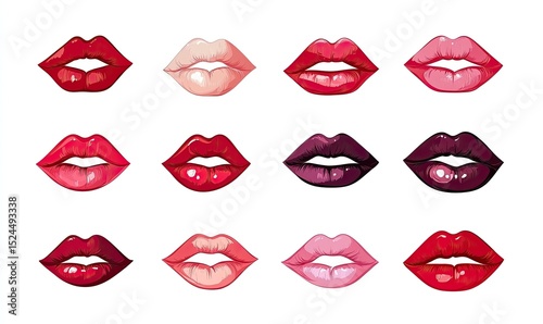 A collection of twelve diverse lip illustrations showcasing various colors and shades