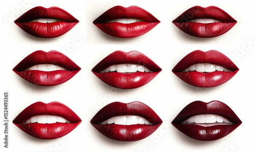 Nine close-up shots of luscious red lips, showcasing variations in shade and shine