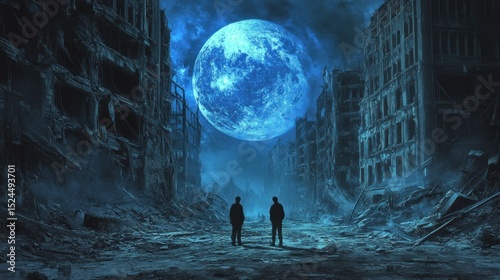 Mysterious encounter in a ravaged city under the watchful blue moon glow