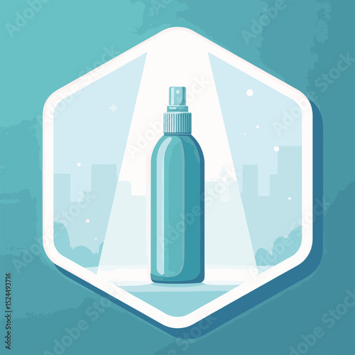 Transparent spray bottle against a soft teal background with minimal cityscape elements, concept of personal care or wellness products