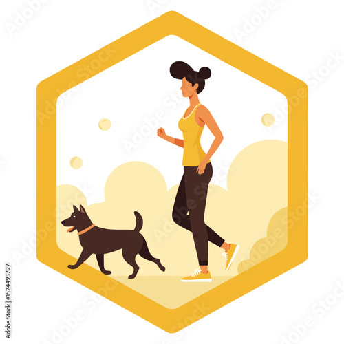Happy woman jogging with her black dog in a sunny park background, promoting an active lifestyle and pet companionship concept of fitness or health.
