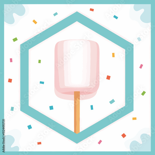 Colorful cartoon ice cream pop on a stick surrounded by vibrant confetti, playful summer theme background, concept of dessert shop or ice cream parlor