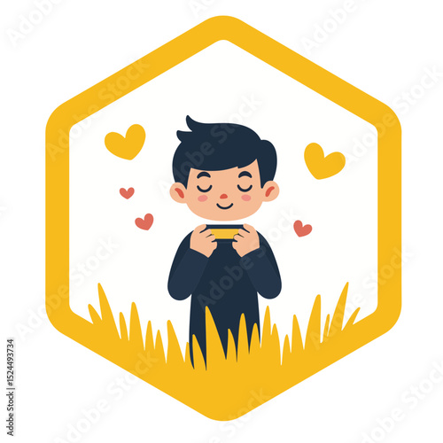Happy young boy enjoying music while standing in a green grassy field surrounded by hearts, cheerful concept of music apps or children's activities