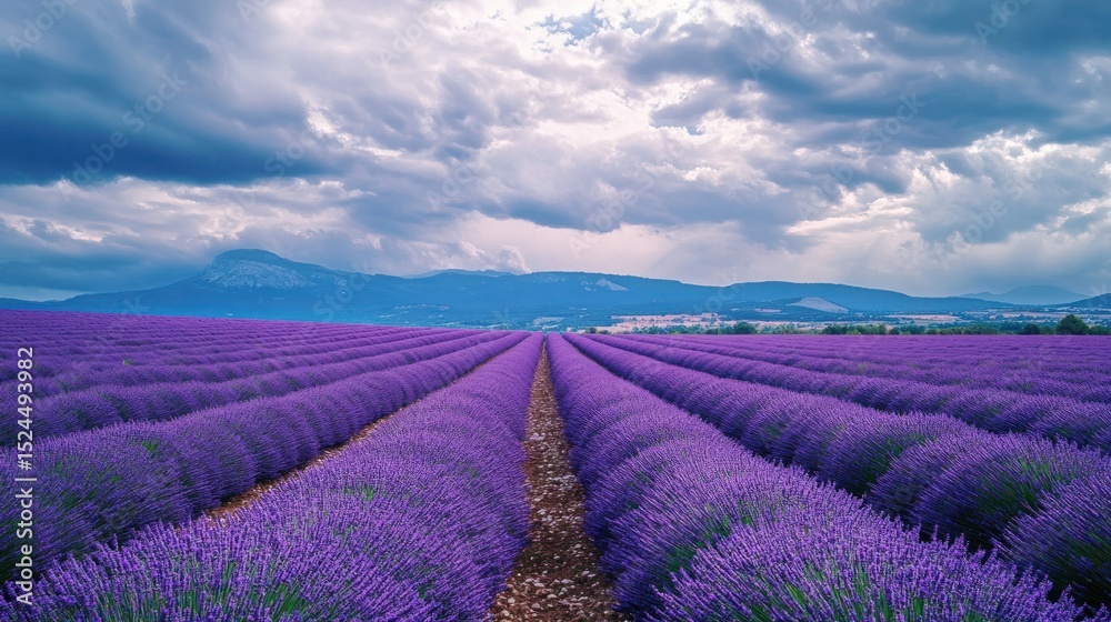 Fototapeta premium Panoramic vista of lavender fields under a sky adorned with dramatic clouds