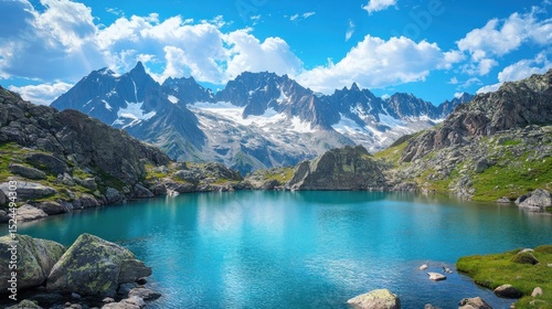 Serene alpine lake reflecting snow-capped mountains under a blue sky with clouds