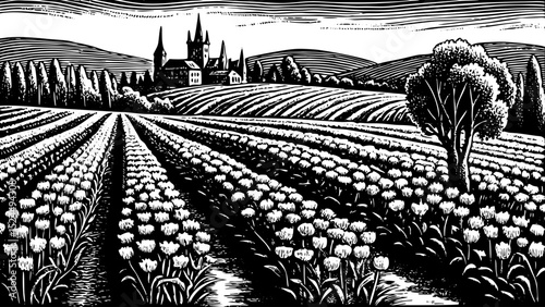 Black and white sketch vector of a springtime French vineyard with a distant chateau and flower rows