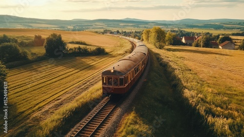 Scenic train journey winding through idyllic rural landscapes at sunset photo
