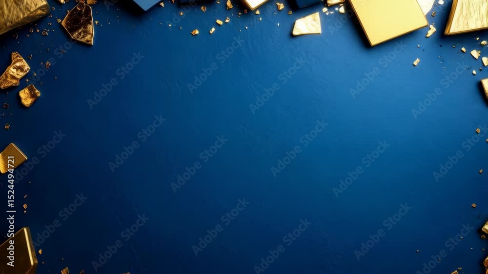 Elegant dark blue surface framed with scattered gold and blue geometric shapes creating a luxurious backdrop.