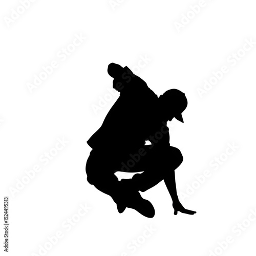 Dynamic silhouette of person mid-jump in crouching pose wearing cap and casual clothing, showcasing energy and athleticism.
