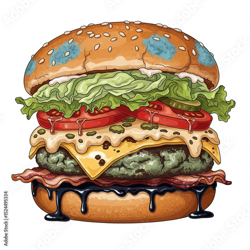 Spoiled hamburger with moldy cheese and dripping liquid highlights food waste and recycling awareness in a bold cartoon illustration.