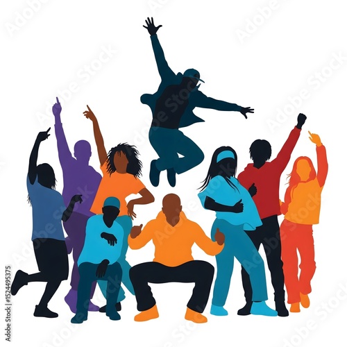 Jumping dancing silhouettes showcase vibrant colorful figures expressing joy, energy, and celebration against a white background.