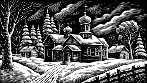 black and white vector snowy Russian orthodox church in a quiet winter village