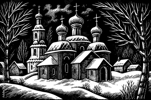 black and white vector snowy Russian orthodox church in a quiet winter village