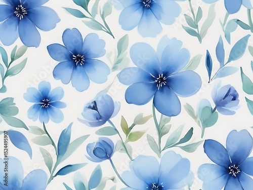 Wallpaper Mural Blue Watercolor Flowers Seamless Pattern – Elegant Floral Design with Leaves on White Background Torontodigital.ca