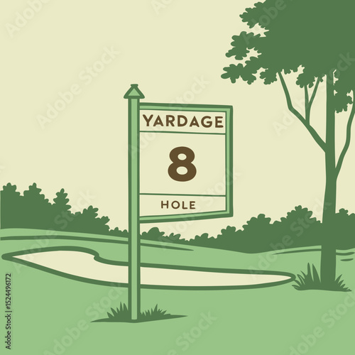 Golf course hole eight yardage sign green fairway