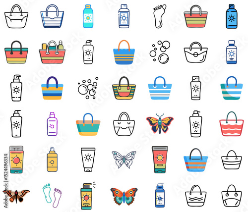 Essential summer vacation icons featuring 42 beach and outdoor items, seasonal accessories. Concept: Travel agencies, beach resorts, lifestyle blogs, vacation promotions,  travel planning apps