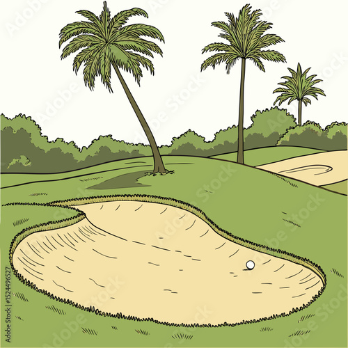 Tropical golf course sand trap palm trees