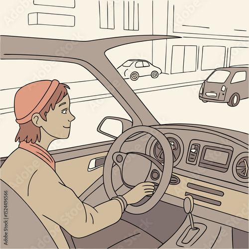 Young woman driving car city street urban commute