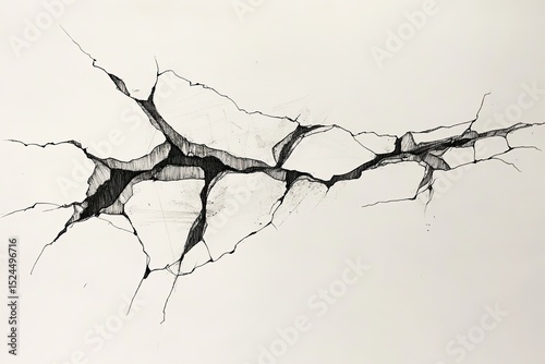 Intricate line drawing depicting a fractured surface, resembling a cracked earth or wall