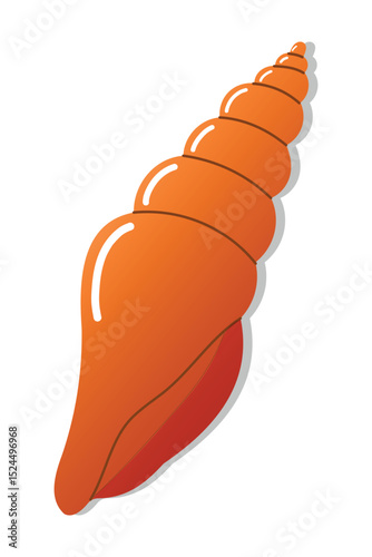 Spiral orange seashell clipart with shadow on white background.
