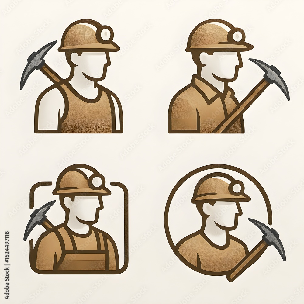 Fototapeta premium Set of Miner Pickaxe Icon Profession Digging Work Underground Labor Employment Job Mineral Excavation Industry Flat Cartoon Illustration