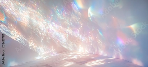 Ethereal light streams across a soft, pastel landscape, creating a dreamy, otherworldly scene