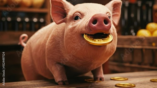 A curious pig playfully grips a shiny coin in its mouth while standing on a wooden counter. The surroundings feature rustic decor and a warm ambiance, highlighting farm life