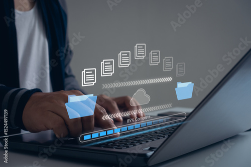 Data transfer file document folder cloud backup archive system for business and AI technology digital storage platform network communication upload server infrastructure. Admin online remote support.