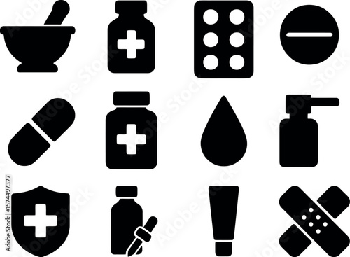 Medical Icons: A collection of various medical icons in a vector graphic, featuring essential medical supplies and instruments, perfect for healthcare and pharmaceutical applications.
