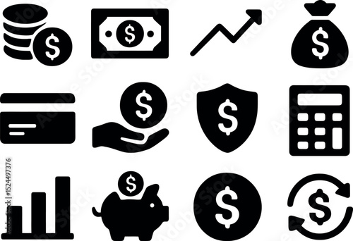 Financial Icons: A curated collection of modern, minimalistic black and white icons, representing various financial concepts such as savings, investments, and transactions.