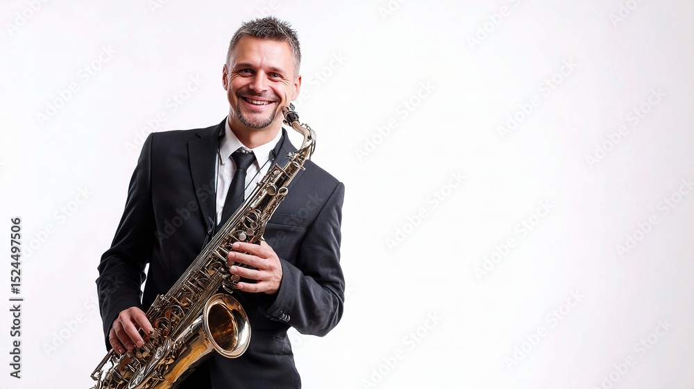 Naklejka premium Smiling Male Musician Holding Saxophone on White Background