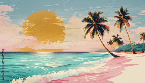 Dreamy sunset on a tropical beach with dreamy and magical artistic colors