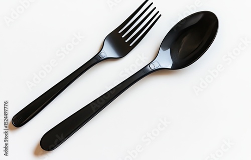 Black plastic spoon and fork on white background