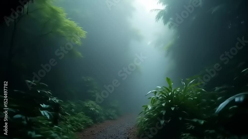 Misty Forest Path with Lush Greens.